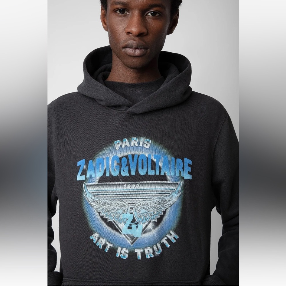 $398 ZADIG & VOLTAIRE SANCHI LOGO PRINTED HOODIE-MEN'S ANTHRACITE -SIZE L LARGE